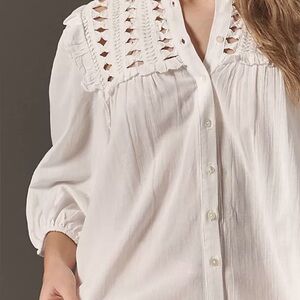 Anthropologie Cream Button-Up Blouse with Lace